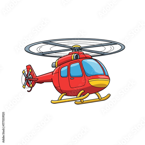 Red cartoon helicopter flying in the sky.
