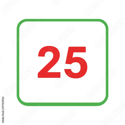 Bright red number 25 inside square icon green border modern design vector