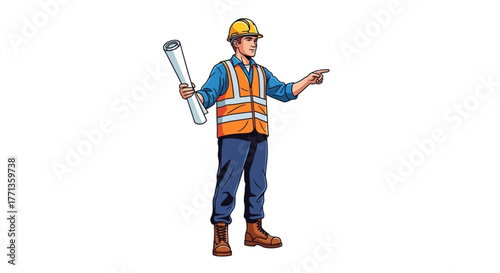 Construction worker holding blueprint and giving direction illustration