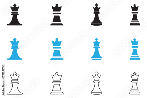 chess piece icon vector, chess king and chess queen vector silhouette and line art illustration