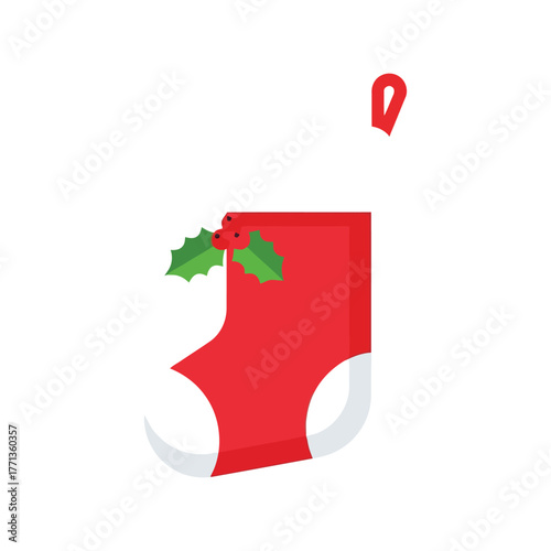 Festive red christmas stocking with holly leaf isolated on holiday decor vector