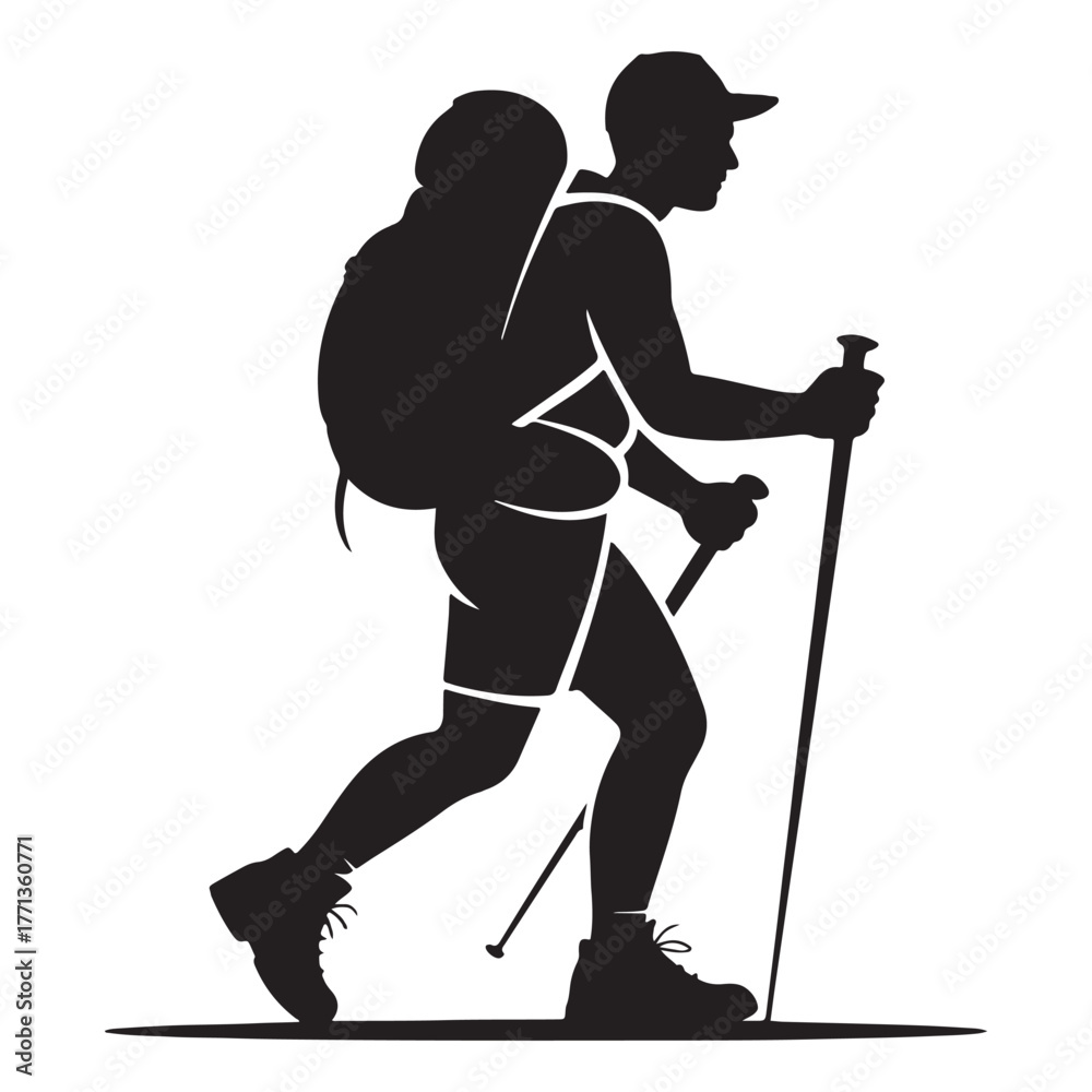 Fototapeta premium Hiker Silhouette with Backpack and Trekking Pole – Outdoor Adventure Illustration