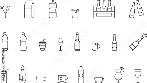 Drinks thin line icons set. Beverages and smoothies icon set. Cold water, cocktails, juice, hot drinks, champagne and wine glasses, coffee and tea vector symbols collection. Outline beverage menu set