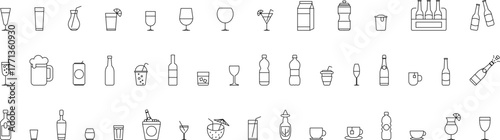 Drinks thin line icons set. Beverages and smoothies icon set. Cold water, cocktails, juice, hot drinks, champagne and wine glasses, coffee and tea vector symbols collection. Outline beverage menu set