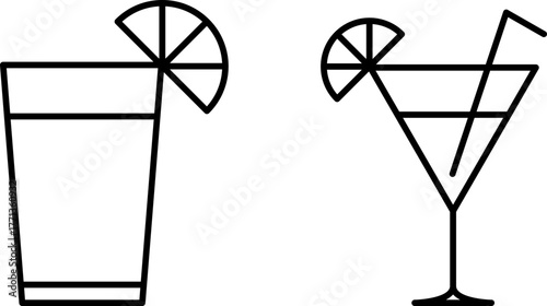 Drinks thin line icons set. Beverages and smoothies icon set. Cold water, cocktails, juice, hot drinks, champagne and wine glasses, coffee and tea vector symbols collection. Outline beverage menu set