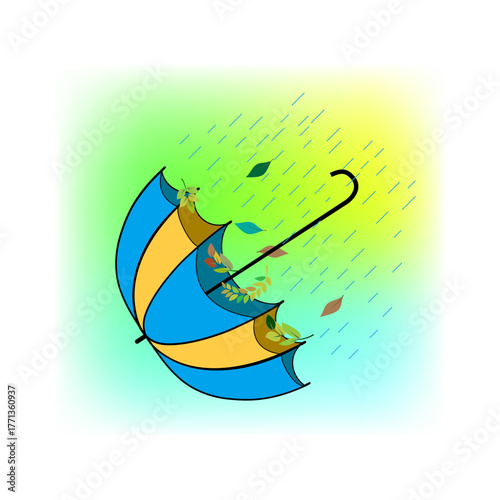 Umbrella, rain and wind on colorful background