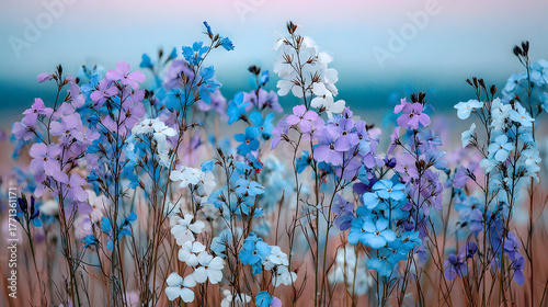 A beautiful array of blue, purple, and white flowers swaying gently in the breeze during a serene twilight.