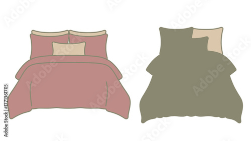 Two stylized beds with bedding and pillows on a white background