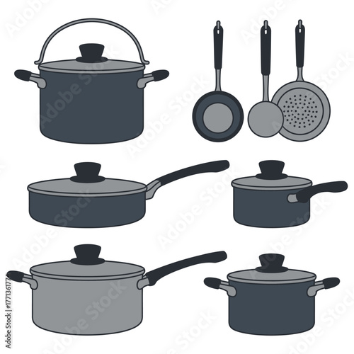 Collection of kitchen pots pans and cooking utensils illustration