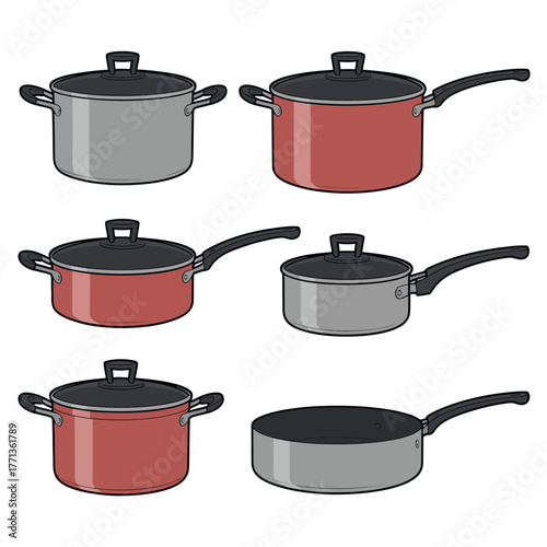 Collection of red and gray cooking pots and pans with lids
