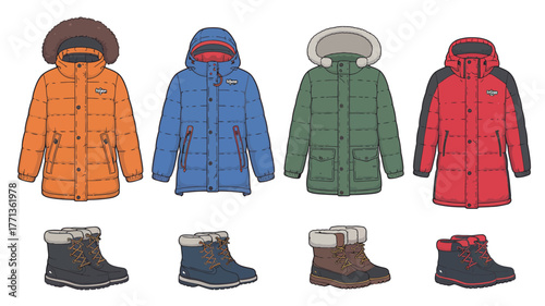 Collection of colorful winter coats and boots for children