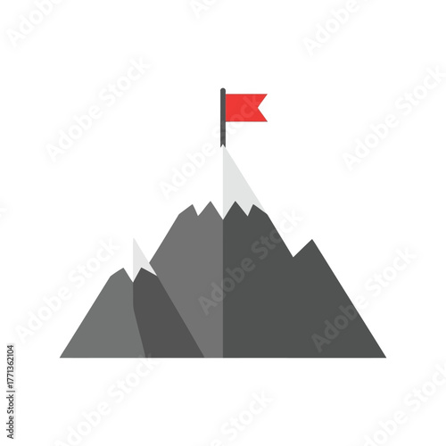 Red flag on snowy mountain peak symbolizing achievement success goal and victory vector