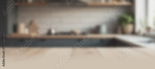 Soft blurred view of a bright modern kitchen interior,  home background with copy space