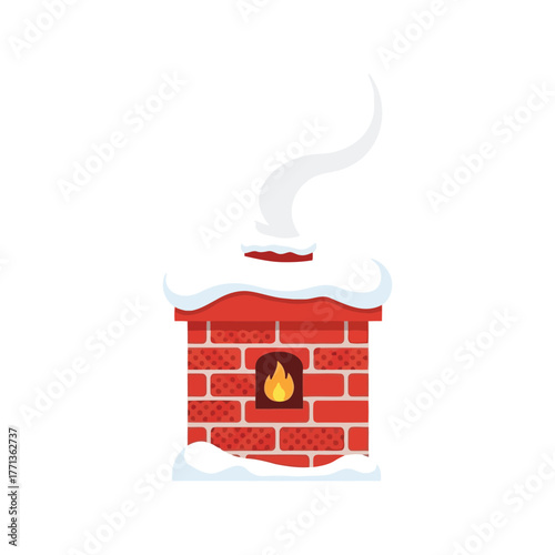 Cozy red brick chimney with snow and glowing fire for winter holidays vector
