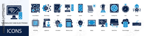 Technology and electronic icon collection set. Containing tablet, computer, phone, solar, Juicer, Cooling Fan, time, Robot icon.