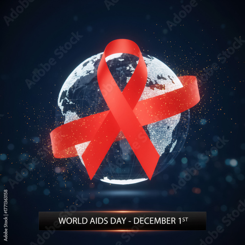red ribbon wrapped around a glowing digital globe, world aids day