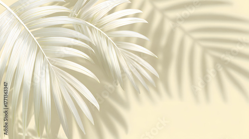 Elegant white palm leaves casting soft shadows on a subtle beige background.