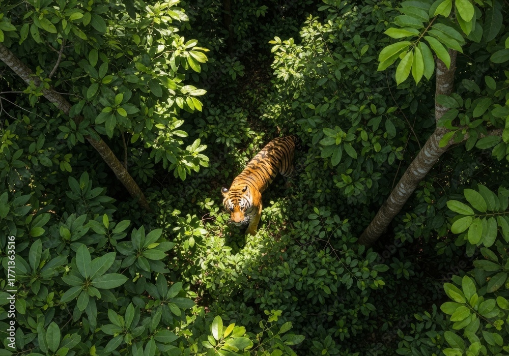 Fototapeta premium A magnificent tiger, a wild mammal, is seen in a forest among trees and grass, embodying the spirit of wildlife in nature