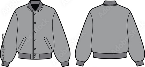 Classic varsity bomber jacket fashion flat template, button-up outerwear technical CAD sketch, front and back clothing vector mockup