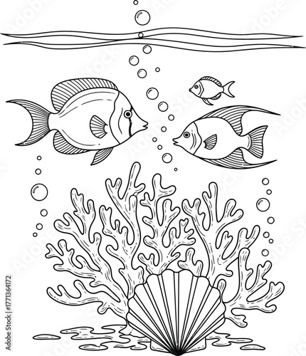 Vector art of hand drawn underwater world with fish, coral and bubbles