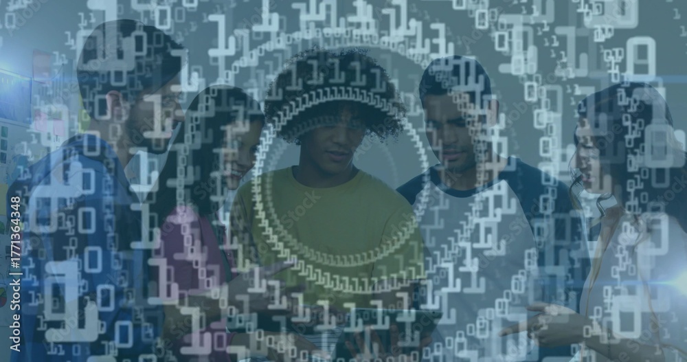 Obraz premium Tech team collaborating over tablets and smartphones in modern office, with binary data overlay