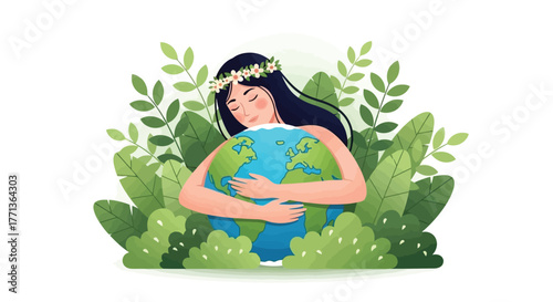 Embrace the Earth A Woman Hugging the Planet, Symbolizing Environmental Care and Protection