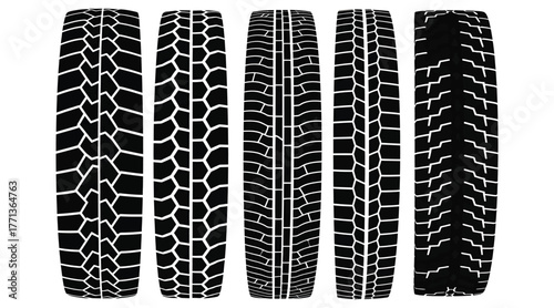 Set of five tire tread patterns, showcasing various designs for car, truck, and vehicle tires, suitable for automotive and transportation themes