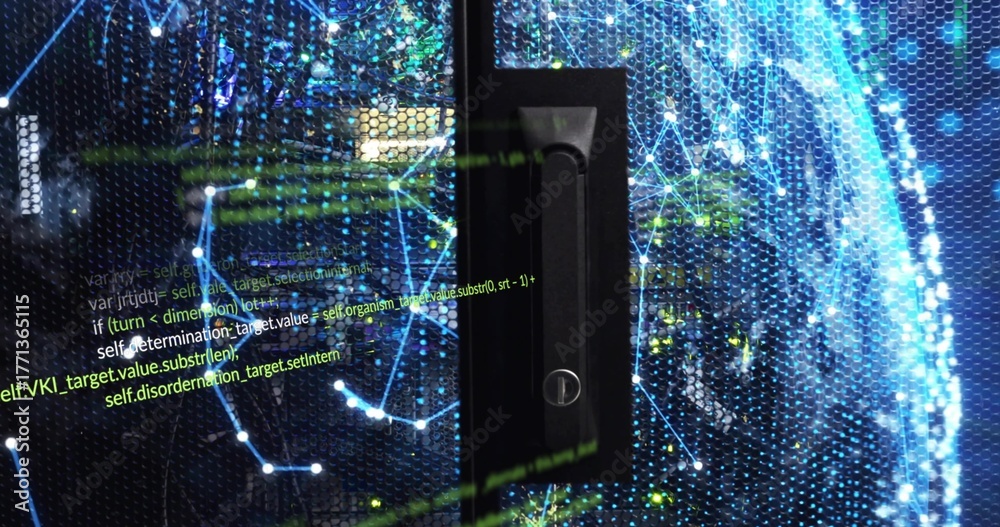 Fototapeta premium Displaying server rack door handle and keyhole in datacenter, with LED and network code overlay