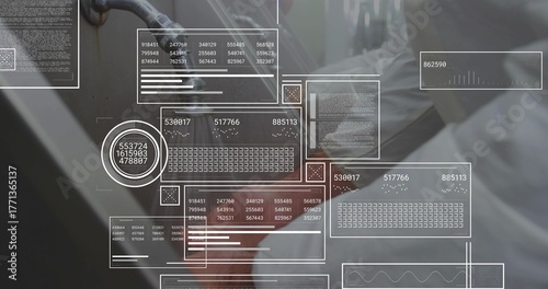 Lab technician wearing orange gloves washing instrument under faucet with data overlays, copy space