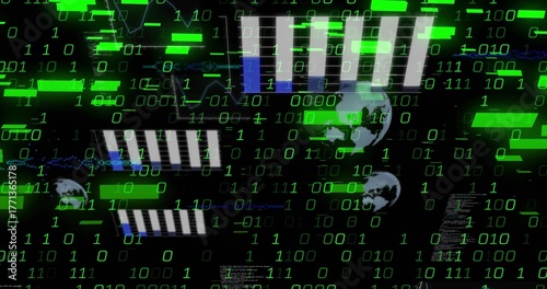 Displaying network on dark backdrop, with green binary digits, globe icons and striped bars