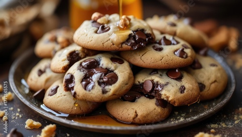 Delicious Chocolate Chip Cookies Piled High on a Rustic Plate with Drizzled Honey.