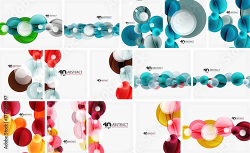 Colorful abstract designs. Circles, lines, shapes create modern visuals. Bright hues dominate compositions. Minimalist aesthetic present.