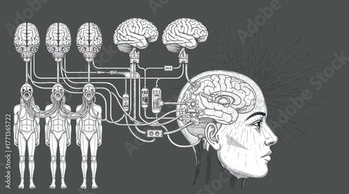 Neural Network Concept Art: Human Brains Linked to Central Intelligence, Brain-Machine Interface, Collective Cognition, AI Control System – High-Contrast Black and White Illustration