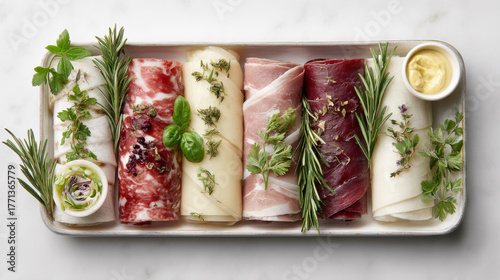 Salami and cheese roll ups served on elegant plate with herbs and dips. Generative AI image