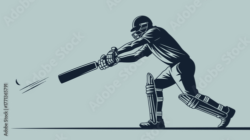 A cricket player in action swinging the bat with helmet and protective gear in a minimalist style design