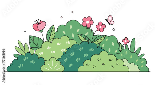 Charming floral hedge illustration featuring blooming flowers and a fluttering butterfly in a natural setting