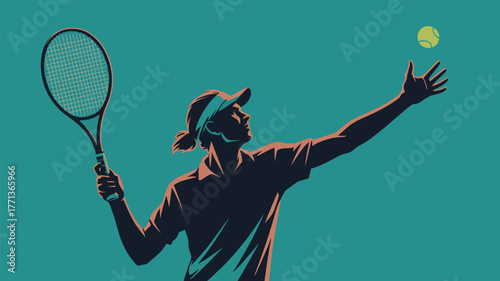 A tennis player is serving a tennis ball with a racket in hand against a teal colored background