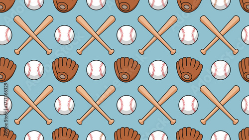 A seamless pattern with baseballs bats and gloves on a light blue background repeat sports equipment design