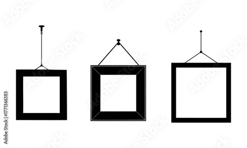 Vector set of three different hanging black picture frames. Minimalist design for gallery wall mockups and interior decor templates