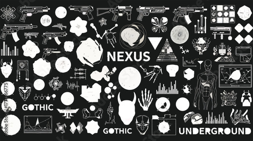 A stark and edgy collage of white gothic and underground symbols, icons, and weapon illustrations on a, creating a visually intense and alternative design