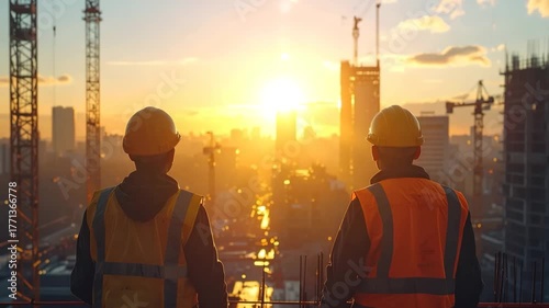 夕日を眺める現場作業員、建築