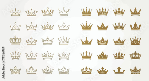 Collection of Elegant Golden Crown Illustrations for Royalty, Design, and Embellishment Purposes