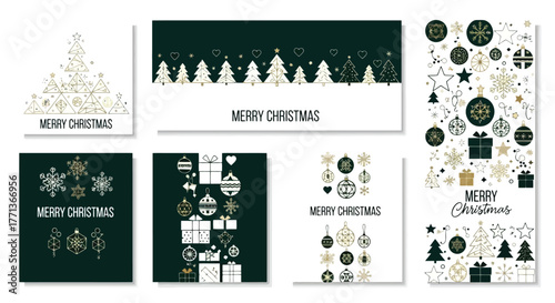 Elegant Christmas Greeting Cards with Festive Designs in Gold and Green