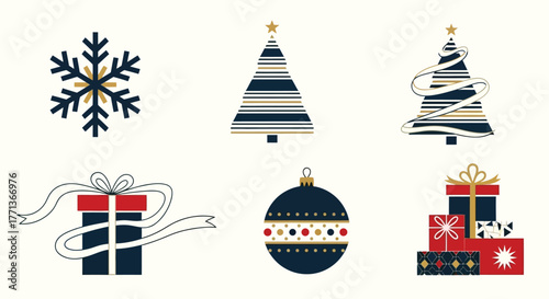 Festive Holiday Icons Snowflake, Christmas Tree, Gifts, Bauble, and Holiday Decorations