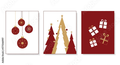 Festive Holiday Season Minimalist Christmas Ornaments, Trees, and Gift Illustrations in Red and Gold