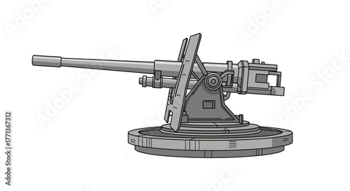A detailed illustration of an antiaircraft gun showcasing its complex mechanics and robust design on a white backdrop