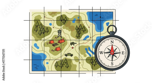 A map shows terrain with forests lakes buildings and a compass indicating north