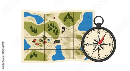 A map with lakes mountains and a compass indicating north