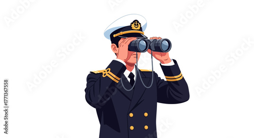 A navy officer in uniform uses binoculars wearing a white hat with a gold anchor emblem