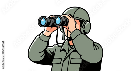 A person in military gear is looking through binoculars